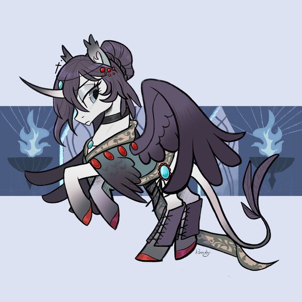 Size: 2048x2048 | Tagged: dead source, safe, artist:raindrophalo, derpibooru import, oc, unofficial characters only, alicorn, pony, alicorn oc, blue eyes, brooch, choker, circlet, colored hooves, colored wings, curved horn, ear fluff, ear tufts, eyeshadow, gradient ears, gradient horn, gradient legs, gradient tail, gray background, gray eyes, hair bun, horn, image, jewelry, jpeg, leonine tail, lidded eyes, makeup, partially open wings, rearing, sconce, simple background, solo, tail, wings