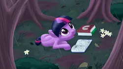 Size: 3840x2160 | Tagged: safe, artist:stellardust, derpibooru import, twilight sparkle, pony, unicorn, blank flank, book, female, filly, filly twilight sparkle, foal, g4, high res, horn, image, looking up, lying down, open mouth, png, prone, rain, reading, solo, unicorn twilight, younger