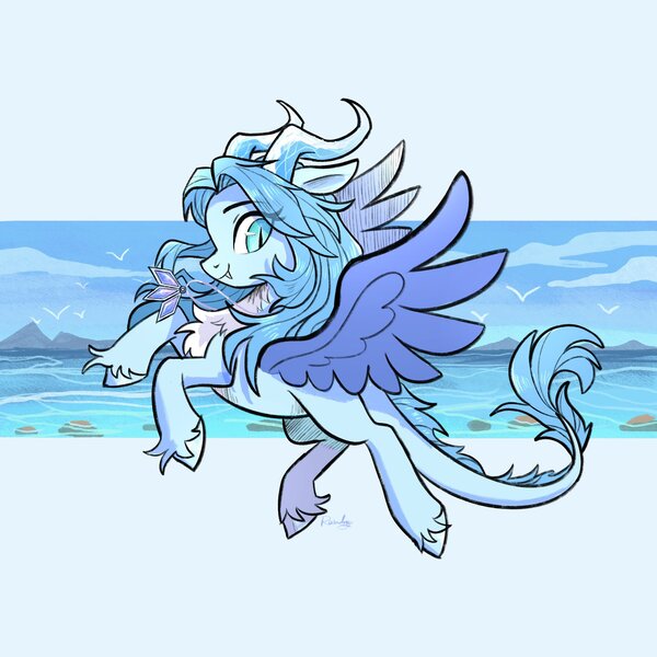 Size: 2048x2048 | Tagged: dead source, safe, artist:raindrophalo, derpibooru import, oc, unofficial characters only, bird, dracony, dragon, hybrid, pony, chest fluff, coat markings, colored wings, cyan eyes, eye clipping through hair, fangs, image, jewelry, jpeg, leonine tail, light blue background, necklace, ocean, pale belly, signature, simple background, slit pupils, smiling, socks (coat marking), solo, spread wings, tail, unshorn fetlocks, water, wings