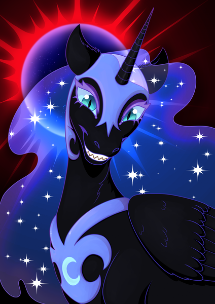 Size: 1614x2282 | Tagged: safe, artist:nomnomgator, derpibooru import, nightmare moon, alicorn, pony, antagonist, blue eyes, blue mane, blushing, bust, colored pupils, crown, curved horn, cute, digital art, ethereal mane, eyelashes, eyeshadow, fangs, feather, female, flowing mane, g4, glow, glowing horn, happy, high res, hoof shoes, horn, image, jewelry, lidded eyes, looking at you, makeup, mare, moon, moonlight, peytral, png, portrait, raised hoof, raised hooves, regalia, signature, simple background, smiling, smiling at you, solo, sparkles, spread wings, starry mane, stars, teeth, villainess, wings