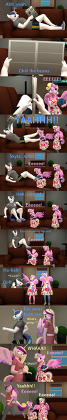 Size: 1920x11880 | Tagged: safe, artist:papadragon69, derpibooru import, princess cadance, princess flurry heart, princess skyla, shining armor, anthro, 3d, bluey, clothes, comic, couch, dress, e, eeee, female, globe, image, newspaper, parody, png, reference, scared, siblings, sisters, source filmmaker