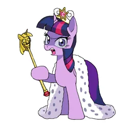 Size: 1212x1188 | Tagged: safe, artist:cheesesauce_45, derpibooru import, twilight sparkle, twilight sparkle (alicorn), alicorn, pony, angry, big crown thingy, colored pinnae, element of magic, female, g4, hoof hold, horn, image, jewelry, mare, multicolored mane, narrowed eyes, open mouth, png, purple coat, purple eyes, raised hoof, regalia, royal cape, scepter, simple background, solo, standing, straight mane, teeth, tiara, twilight scepter, twilight sparkle is not amused, tyrant sparkle, unamused, unicorn horn, white background, wingding eyes