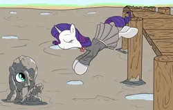 Size: 2500x1600 | Tagged: safe, artist:amateur-draw, derpibooru import, pegasus, pony, unicorn, clothes, covered in mud, eyes closed, female, horn, image, jumping, majestic, majestic as fuck, mare, mud, mud bath, mud pony, muddy, pier, pleated skirt, png, school uniform, skirt, uniform, wet and messy