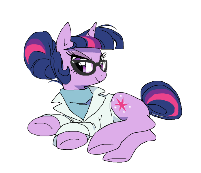 Size: 1394x1202 | Tagged: safe, artist:cheesesauce_45, derpibooru import, sci-twi, twilight sparkle, ponified, pony, unicorn, equestria girls, clothes, equestria girls ponified, female, hair bun, horn, image, lab coat, lidded eyes, looking at you, lying down, mare, multicolored hair, multicolored mane, narrowed eyes, png, purple coat, purple eyes, simple background, sitting, smiling, smiling at you, solo, sweater, tail, tail bun, unicorn horn, unicorn sci-twi, white background, wingding eyes