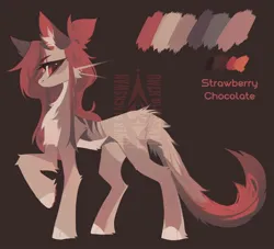Size: 1280x1162 | Tagged: safe, artist:blcksswn, derpibooru import, oc, oc:strawberry chocolate, unofficial characters only, hybrid, pony, adoptable, ambiguous gender, big eyes, brown background, brown coat, chest fluff, cloven hooves, coat markings, color palette, colored ears, colored eyebrows, colored pinnae, concave belly, countershading, ear fluff, eyebrows, eyebrows visible through hair, hybrid oc, image, jpeg, leg fluff, long legs, multicolored tail, no mouth, paws, ponytail, profile, raised hoof, red eyes, red mane, side view, simple background, slender, solo, tail, thin, two toned mane, watermark, whiskers, wingding eyes