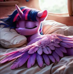 Size: 1061x1065 | Tagged: safe, ai content, derpibooru import, machine learning generated, prompter:middaydreamer, stable diffusion, twilight sparkle, twilight sparkle (alicorn), alicorn, pony, g1, bed, bed mane, bedroom, eyes closed, g4, horn, image, lying down, messy mane, pillow, png, sleeping, spread wings, window, wings
