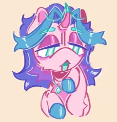 Size: 1205x1253 | Tagged: safe, artist:tottallytoby, derpibooru import, oc, oc:comet candy, unofficial characters only, unicorn, bags under eyes, blue eyes, bust, chest fluff, colored eyebrows, colored hooves, colored mouth, colored pinnae, eyebrows, eyebrows visible through hair, eyelashes, fusion, fusion:cayenne, fusion:starlight glimmer, g4, horn, horn cap, horn jewelry, image, jewelry, leg fluff, lidded eyes, messy mane, multicolored mane, narrowed eyes, necklace, open mouth, pink background, pink coat, png, raised hoof, raised hooves, simple background, solo, unicorn oc, wingding eyes