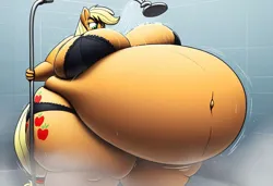 Size: 1081x739 | Tagged: suggestive, ai content, machine learning generated, prompter:inflationvideotv, applejack, belly inflation, image, inflation, jpeg, shower