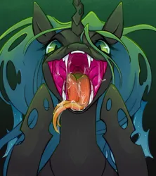 Size: 1014x1142 | Tagged: suggestive, artist:hostbaan, derpibooru import, queen chrysalis, changeling, changeling queen, drool, fangs, female, forked tongue, g4, image, kitchen eyes, looking at you, mawshot, open mouth, png, signature, slit pupils, solo, solo female, throat, tongue out