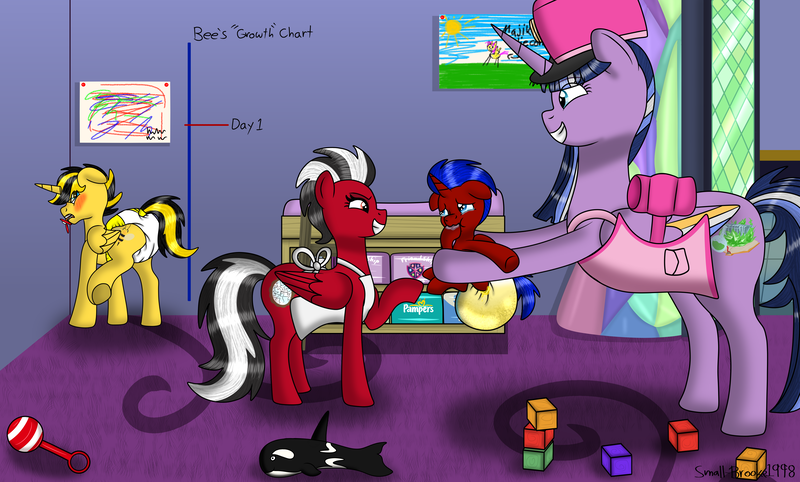 Size: 5030x3030 | Tagged: suggestive, artist:small-brooke1998, derpibooru import, oc, oc:paddy sparkle, alicorn, pegasus, pony, age regression, bumblebee (transformers), commission, crying, diaper, foal, full diaper, image, leaking, nursery, optimus prime, png, shatter (transformers), sucking hoof, the castle of friendship, transformers, wet diaper, younger