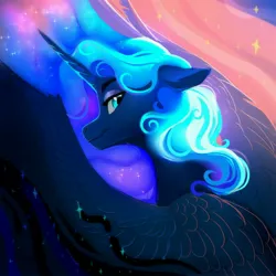 Size: 4096x4096 | Tagged: safe, artist:nettlemoth, derpibooru import, princess luna, alicorn, pony, beautiful, blue eyes, blue mane, crepuscular rays, digital art, ear fluff, ethereal mane, eyelashes, eyeshadow, feather, female, flowing mane, g4, helmet, horn, image, jpeg, lidded eyes, looking at you, looking back, makeup, mare, peytral, redraw, signature, sky, smiling, smiling at you, solo, sparkles, spread wings, starry mane, stars, sunlight, sunset, wings