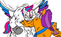 Size: 753x462 | Tagged: safe, artist:anonymous, sunny starscout, zipp storm, semi-anthro, g5, blood, bruised, dragon ball z, goku, image, parody, png, simple background, vegeta, white background