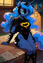 Size: 1664x2432 | Tagged: safe, ai content, derpibooru import, machine learning generated, stable diffusion, princess luna, anthro, unguligrade anthro, batman, black coat, boots, braces, breasts, busty princess luna, clothes, costume, dc comics, female, g4, generator:pony diffusion v6 xl, image, jpeg, looking at you, prompter:foylertf, rain, shoes, sitting, solo