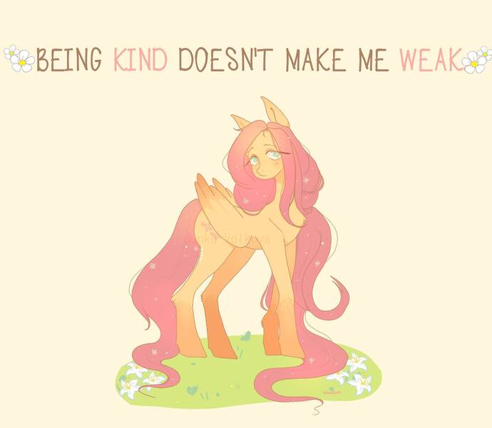 Size: 2048x1781 | Tagged: safe, artist:junko volkova, derpibooru import, edit, fluttershy, pegasus, pony, flower, image, jpeg, kindness, solo, text edit, watermark