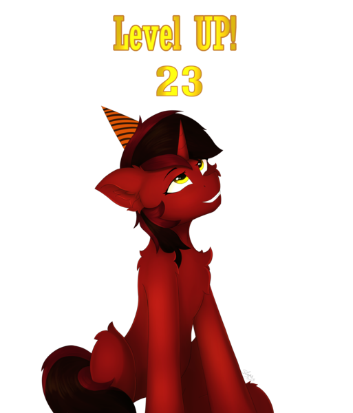 Size: 3235x3787 | Tagged: safe, artist:flapstune, derpibooru import, oc, oc:flaps tune, pony, unicorn, birthday, female, hat, horn, image, looking up, mare, party hat, png, signature, simple background, sitting, smiling, solo, tail, transparent background, two toned mane, two toned tail, yellow eyes