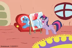 Size: 1170x780 | Tagged: source needed, suggestive, artist:strebiskunk, derpibooru import, trixie, twilight sparkle, unicorn, 2011, butt, draw me like one of your french girls, easel, g4, horn, image, jpeg, old art, plot