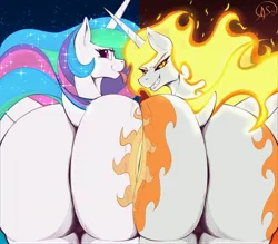 Size: 4000x3500 | Tagged: suggestive, artist:aerospine, derpibooru import, daybreaker, princess celestia, alicorn, pony, butt, butt focus, butt squish, butt to butt, butt touch, daybutt, dock, duo, duo female, female, image, jpeg, looking at you, looking back, mane of fire, plot, raised tail, self paradox, self ponidox, smiling, smiling at you, sunbutt, tail, tongue out