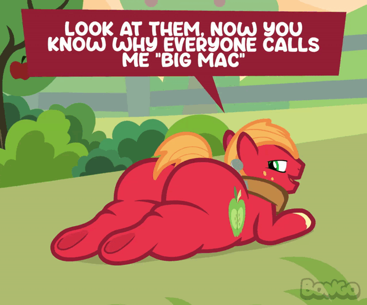 Size: 800x666 | Tagged: suggestive, artist:dinowo, derpibooru import, big macintosh, earth pony, pony, animated, ass, big backintosh, butt, butt focus, butt shake, dialogue, g4, gif, image, jiggle, looking at you, looking back, lying down, male, presenting, smiling, smiling at you, solo, solo male, stallion, twerking, wide hips