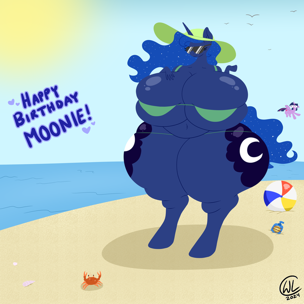 Size: 4000x4000 | Tagged: suggestive, artist:lukewarmluke, derpibooru import, princess luna, twilight sparkle, twilight sparkle (alicorn), alicorn, anthro, crab, unguligrade anthro, beach, beach babe, beach ball, belly, big breasts, bikini, bikini top, blood, breasts, busty princess luna, butt, clothes, digital art, ethereal mane, female, female focus, hat, hips, huge breasts, huge butt, image, impossibly large breasts, impossibly large thighs, large butt, nosebleed, ocean, png, shells, skindentation, solo focus, sun hat, sunscreen, swimsuit, thighs, thunder thighs, water, wide hips