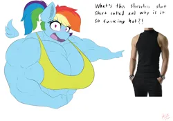 Size: 3000x2100 | Tagged: suggestive, artist:astrum, derpibooru import, part of a set, rainbow dash, anthro, human, pegasus, abs, alternate hairstyle, amazon, angry, biceps, big breasts, blushing, breasts, busty rainbow dash, cleavage, clothes, deltoids, dialogue, digital art, ear fluff, female, floating wings, hand in pocket, image, irl, irl human, looking at you, muscles, muscular female, open mouth, pants, pecs, photo, png, pointing, ponytail, rainbuff dash, shirt, simple background, sports bra, talking, talking to viewer, triceps, vein, vulgar, white background, wide eyes, wings, yelling