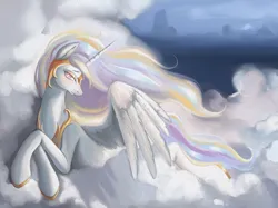 Size: 2217x1662 | Tagged: safe, artist:brdscker, derpibooru import, princess celestia, alicorn, pony, beautiful, cloud, crown, digital art, ethereal mane, ethereal tail, eyeshadow, feather, female, flowing mane, flowing tail, flying, g4, helmet, hoof shoes, horn, image, jewelry, jpeg, large wings, lidded eyes, lonely, looking at you, lying down, makeup, mare, multicolored hair, multicolored mane, multicolored tail, peytral, pink eyes, regalia, scenery, signature, sky, solo, spread wings, starry mane, starry tail, stars, tail, tired, wings
