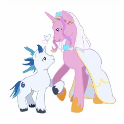 Size: 1280x1280 | Tagged: safe, artist:charmlii_, derpibooru import, princess cadance, shining armor, alicorn, pony, unicorn, clothes, dress, duo, duo male and female, female, floating heart, g4, heart, height difference, holding hooves, hoof shoes, horn, image, jpeg, larger female, looking at each other, looking at someone, looking down, looking up, male, mare, messy mane, princess shoes, raised hoof, redraw, ship:shiningcadance, shipping, simple background, size difference, smaller male, stallion, straight, tail, unshorn fetlocks, wedding dress, wedding veil, white background