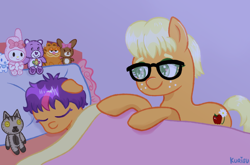 Size: 1966x1298 | Tagged: safe, artist:kurisumuffins, derpibooru import, applejack, scootaloo, pegasus, pony, g3, ^^, adopted offspring, alternate design, alternate universe, care bears, cat plush, cinamoroll, cute, eyes closed, female, g4, garfield, image, mother and child, mother and daughter, my melody, night, parent:applejack, plushie, png, sleeping, smiling