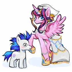 Size: 1280x1280 | Tagged: safe, artist:pandii, derpibooru import, princess cadance, shining armor, alicorn, pony, unicorn, blushing, clothes, dress, duo, duo male and female, female, g4, height difference, hoof shoes, horn, horn jewelry, horn ring, image, jewelry, jpeg, larger female, male, mare, messy mane, missing horn, princess shoes, raised hoof, redraw, ring, ship:shiningcadance, shipping, signature, size difference, smaller male, spread wings, stallion, straight, tail, watermark, wedding dress, wedding veil, wings, wrong eye color