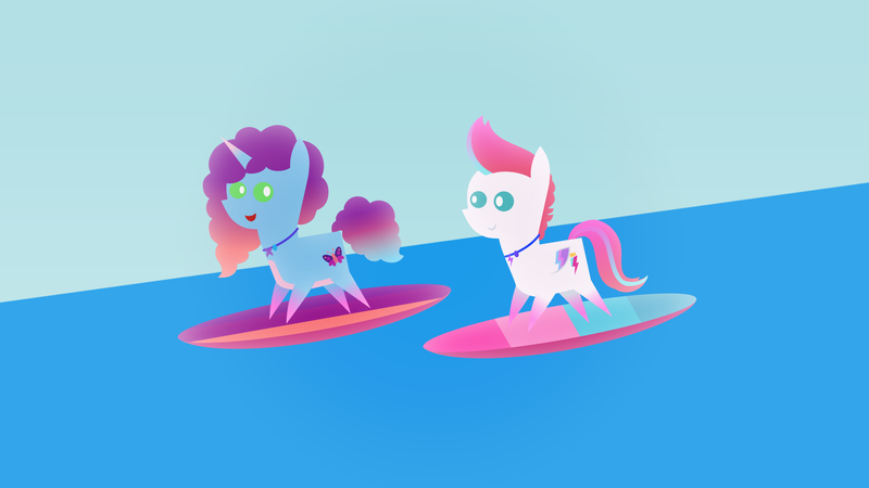 Size: 1920x1080 | Tagged: safe, artist:carrotorangelight, derpibooru import, zipp storm, pegasus, pony, unicorn, g5, female, horn, image, misty brightdawn, ocean, png, rebirth misty, surfboard, surfing, water