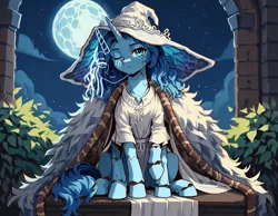 Size: 1440x1120 | Tagged: safe, ai content, derpibooru import, machine learning assisted, machine learning generated, prompter:gullveigai, stable diffusion, oc, ponified, pony, unicorn, doll, elden ring, female, full moon, generator:pony diffusion v6 xl, hat, horn, image, moon, multiple legs, multiple limbs, png, ranni the witch, six legs, six-legged pony, solo, solo female, toy