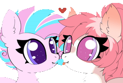 Size: 1940x1319 | Tagged: safe, artist:pegamutt, derpibooru import, oc, oc:lollipop bliss, oc:sweetie swirl, pony, animated, blue tongue, chest fluff, commission, duo, ear fluff, eyelashes, female, femboy, gif, heart, image, licking, male, mare, multicolored hair, simple background, tongue out, ych result