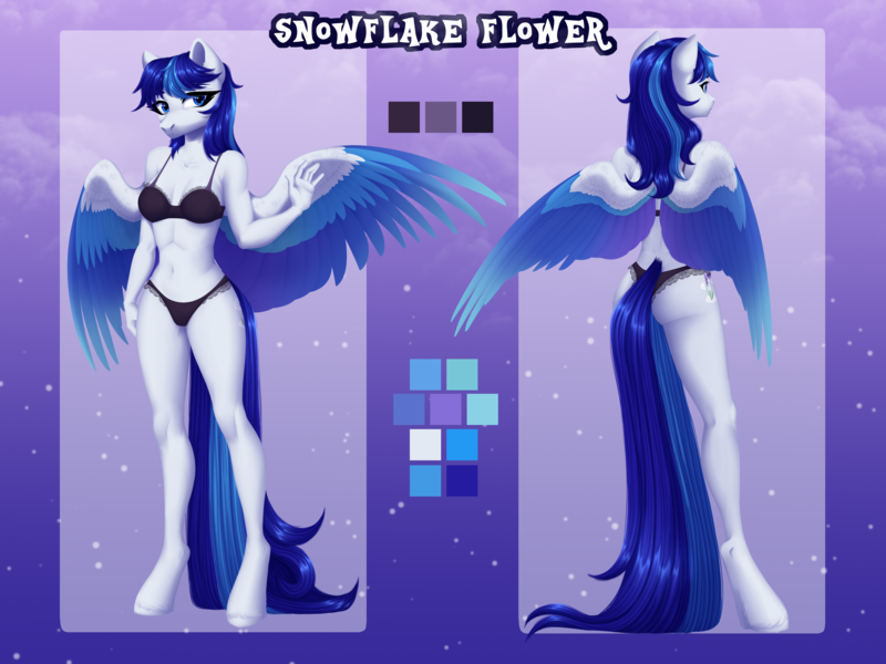 Size: 4000x3000 | Tagged: questionable, alternate version, artist:nika-rain, derpibooru import, oc, oc:snowflake flower, anthro, pegasus, clothes, commission, image, nudity, png, rear view, reference, reference sheet, solo, underwear