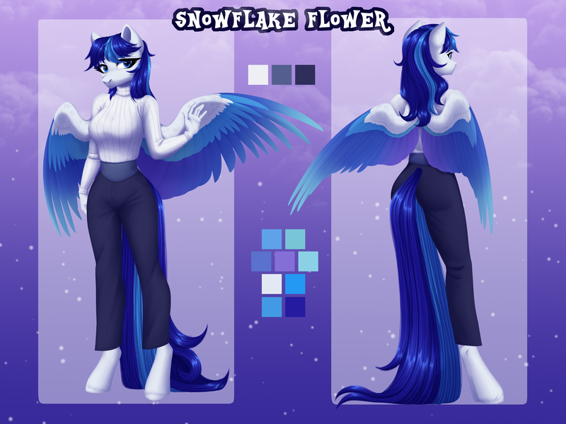 Size: 4000x3000 | Tagged: safe, alternate version, artist:nika-rain, derpibooru import, oc, oc:snowflake flower, anthro, pegasus, clothes, commission, image, png, rear view, reference, reference sheet, solo