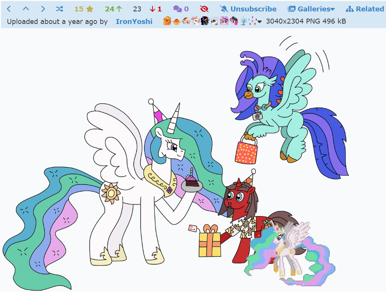 Size: 1015x768 | Tagged: safe, artist:supahdonarudo, derpibooru import, screencap, princess celestia, oc, oc:ironyoshi, oc:sea lilly, alicorn, classical hippogriff, hippogriff, unicorn, derpibooru, april fools 2024, desktop ponies, horn, image, meta, pixel art, png, sprite