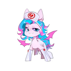 Size: 1200x1198 | Tagged: source needed, safe, artist:affti, derpibooru import, oc, oc:sweetie swirl, bat pony, bat pony oc, bat wings, blue blush, blushing, chibi, clothes, floating wings, hat, image, multicolored hair, nurse outfit, png, simple background, solo, wings