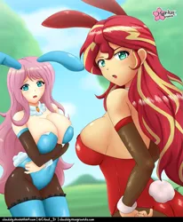 Size: 825x1000 | Tagged: suggestive, artist:clouddg, derpibooru import, fluttershy, sunset shimmer, human, equestria girls, ass, belly button, breasts, bunny suit, busty fluttershy, busty sunset shimmer, butt, clothes, duo, duo female, easter, female, g4, holiday, image, legs together, looking at you, open mouth, playboy bunny fluttershy, playboy bunny sunset shimmer, png, socks, stockings, thigh highs