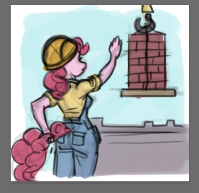 Size: 391x380 | Tagged: safe, artist:gor1ck, derpibooru import, pinkie pie, anthro, earth pony, pony, ass, balloonbutt, butt, clothes, construction pony, facing away, female, hard hat, hat, image, jpeg, mare, overalls, sketch, solo, tail, tail pull