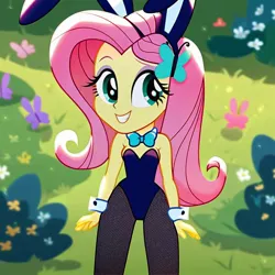 Size: 1080x1080 | Tagged: prompter needed, suggestive, ai content, derpibooru import, machine learning generated, fluttershy, equestria girls, bunny ears, bunny suit, bush, clothes, flower, g4, grass, image, jpeg, photoshop