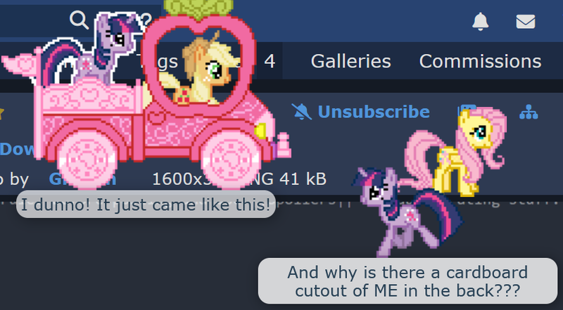 Size: 831x458 | Tagged: safe, derpibooru import, screencap, applejack, fluttershy, twilight sparkle, alicorn, earth pony, pegasus, pony, unicorn, derpibooru, applejack truck, april fools, april fools 2024, cardboard twilight, dialogue, female, image, meme, meta, png, trio, trio female, unicorn twilight