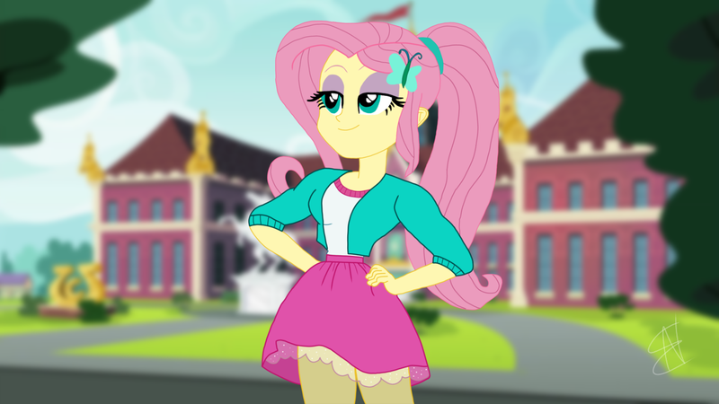 Size: 1280x720 | Tagged: safe, alternate version, artist:enterusxrname, derpibooru import, fluttershy, equestria girls, canterlot high, female, g4, image, png, ponytail, show accurate, signature, solo