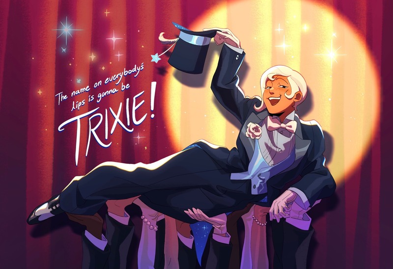 Size: 2048x1402 | Tagged: safe, artist:tulliok, derpibooru import, trixie, human, alternate universe, chicago (musical), female, g4, humanized, image, jpeg, musical, solo, spotlight, the grand galloping 20s, trans female, trans trixie, transgender