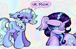 Size: 2048x1331 | Tagged: safe, artist:larvaecandy, derpibooru import, starlight glimmer, trixie, pony, unicorn, crying, duo, fangs, g4, horn, image, leonine tail, meme, png, redraw, tail, your mom