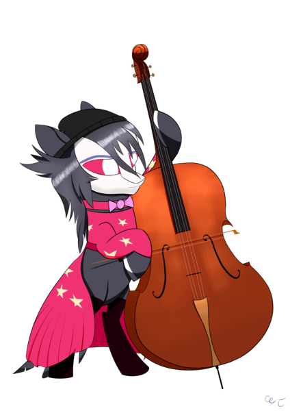 Size: 4961x7016 | Tagged: safe, artist:пшеница, derpibooru import, ponified, demon, earth pony, pony, cello, clothes, derpibooru exclusive, dress, female, hat, image, musical instrument, octavia (helluva boss), png, simple background, socks, solo, species swap, transparent background