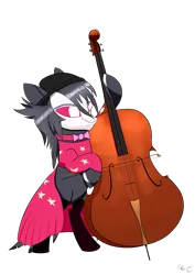 Size: 4961x7016 | Tagged: safe, artist:пшеница, derpibooru import, ponified, demon, earth pony, pony, cello, clothes, derpibooru exclusive, dress, female, hat, image, musical instrument, octavia (helluva boss), png, simple background, socks, solo, species swap, transparent background