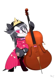 Size: 4961x7016 | Tagged: safe, artist:пшеница, derpibooru import, ponified, demon, earth pony, pony, cello, clothes, cutie mark, derpibooru exclusive, dress, female, fire, hat, image, jewelry, magic, musical instrument, octavia (helluva boss), parchment, png, regalia, simple background, socks, solo, species swap, tiara, transparent background