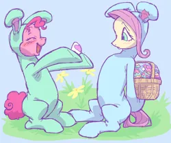 Size: 1200x1000 | Tagged: safe, artist:universalheart, derpibooru import, fluttershy, pinkie pie, earth pony, pegasus, pony, animal costume, basket, blue background, bunny costume, clothes, costume, duo, easter, easter basket, easter egg, female, g4, holiday, image, lesbian, png, ship:flutterpie, shipping, simple background