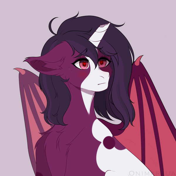 Size: 2048x2048 | Tagged: safe, artist:onimarxua, derpibooru import, oc, unofficial characters only, bat pony, pony, undead, unicorn, vampire, vampony, bust, ear fluff, floppy ears, heart, heart eyes, horn, image, male, png, red eyes, solo, spotted, stallion, wingding eyes