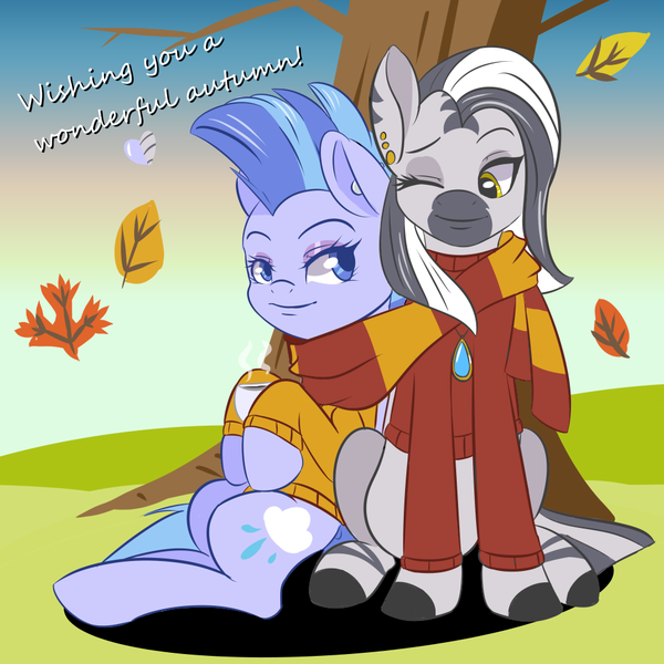 Size: 1000x1000 | Tagged: safe, artist:shelltoon, derpibooru import, oc, oc:chai, oc:nimbostratus, pegasus, zebra, autumn, clothes, ear piercing, g4, image, mohawk, pegasus oc, piercing, png, scarf, sweater, wings, zebra oc