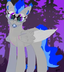 Size: 957x1080 | Tagged: safe, artist:hrabiadeblacksky, derpibooru import, oc, oc:blezing smoke, pegasus, pony, blue hair, condom, forest, forest background, glasses, image, male, png, purple eyes, solo, stallion, tree, wings