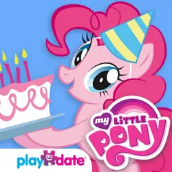 Size: 1024x1024 | Tagged: safe, derpibooru import, pinkie pie, earth pony, pony, app icon, bipedal, cake, candle, female, food, g4, hat, hoof hold, image, looking at you, mare, my little pony logo, my little pony party of one, open mouth, open smile, party hat, platter, playdate digital, png, smiling, solo, tail